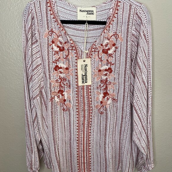 NWT Savanna Jane Womens Embroidered Boho Top L White Red Rayon Long Sleeve - Picture 2 of 6